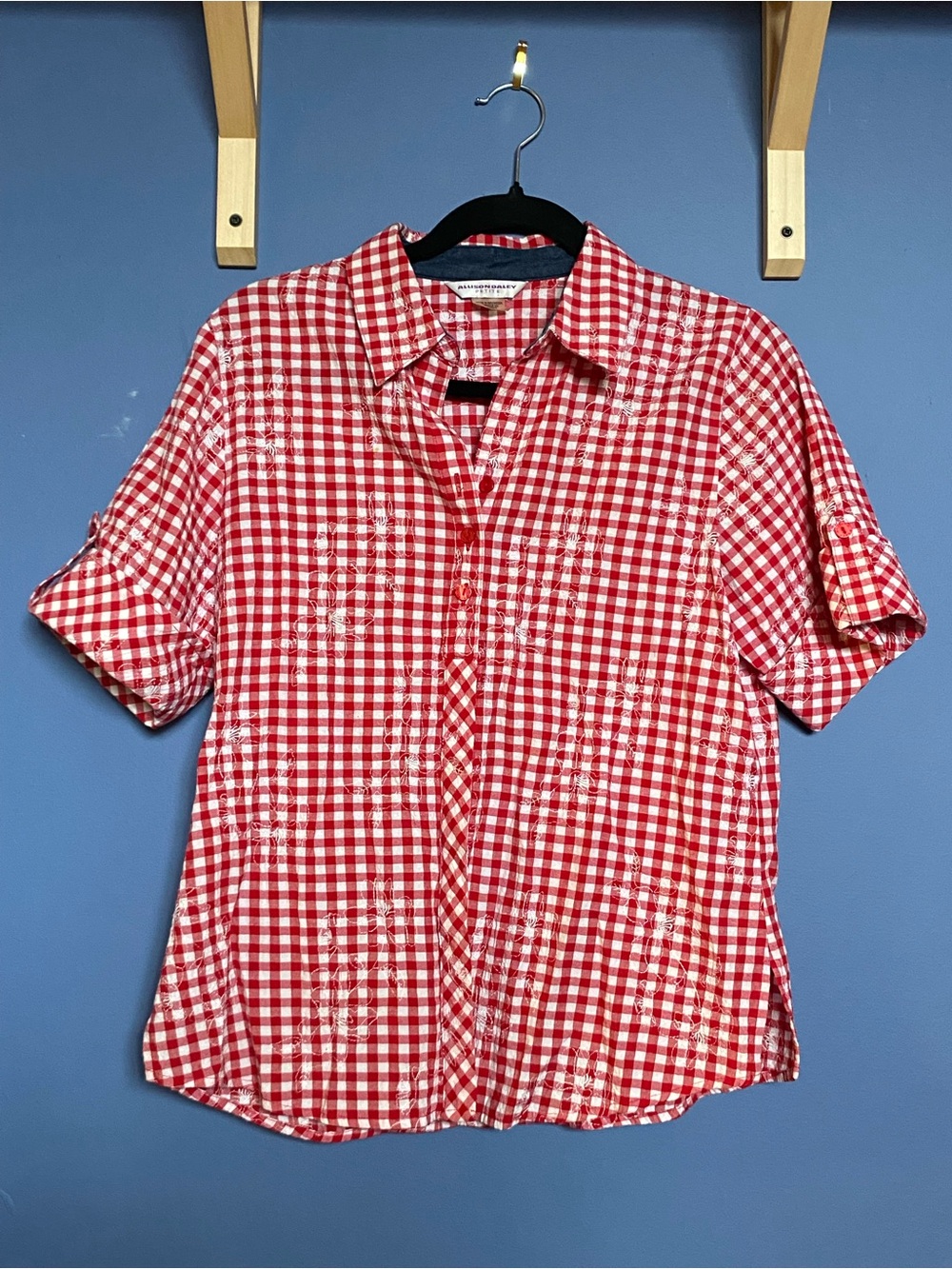 Allison Daley Red & White Gingham Shirt with Denim Trim